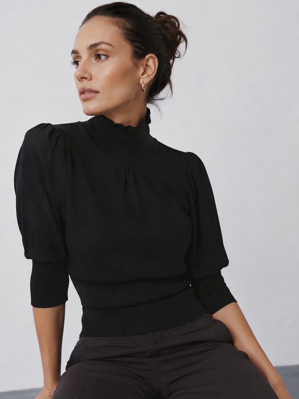 FRENCH CONNECTION Black Mock Neck Puff Sleeve Blouse Top XS Elegant Office Chic